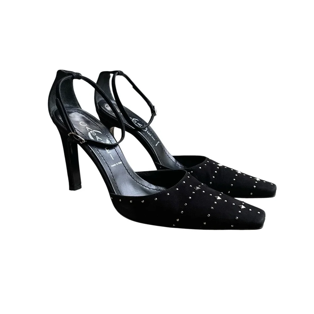 CASADEI Black Suede Studded Pointed Toe Heels Size 6 Made in Italy Retail $348